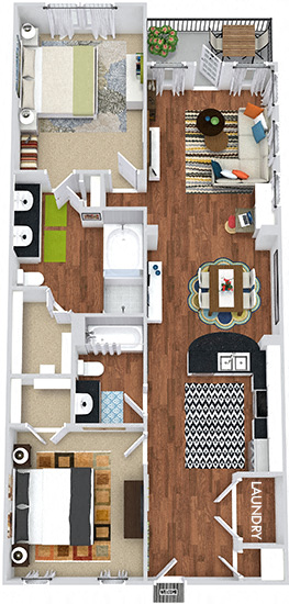 Floor plan for 2 beds, 2 baths, 1097 sqft